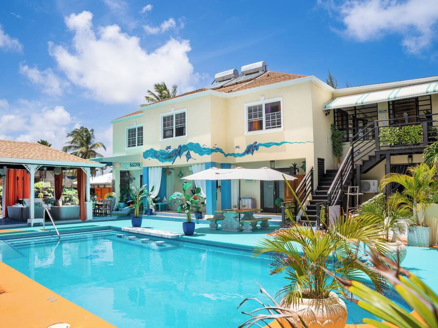 Outdoor pool, pool umbrellas, pool loungers