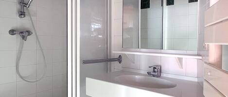 A modern bathroom with a glass-enclosed shower, a white sink, and a large mirror.
