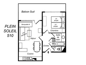 A floor plan of a maison with a balcony, a lit simple room, a lit simple room, a lit room, a living room, a kitchen, a bathroom, and a dining area.