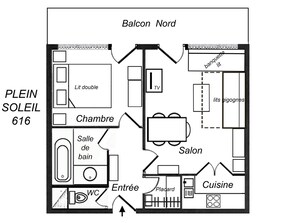 A floor plan of a hotel room labeled "PLEIN SOLEIL 616" with a balcony, double bed, TV, bathroom, kitchen, dining area, and a salon.