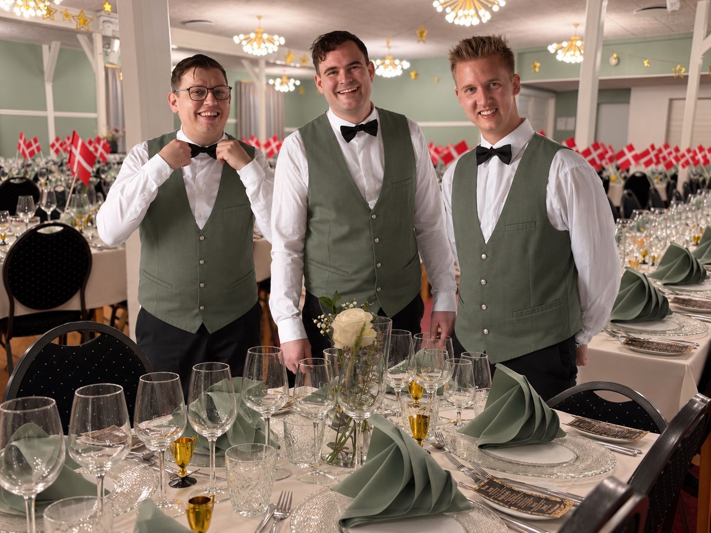 A formal dining setting with tables set for multiple guests, featuring clear glassware and green napkins.