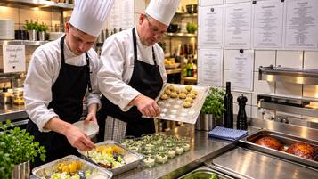 Chefs preparando comida en una cocina con mostradores de acero inoxidable y pizarras con la carta.