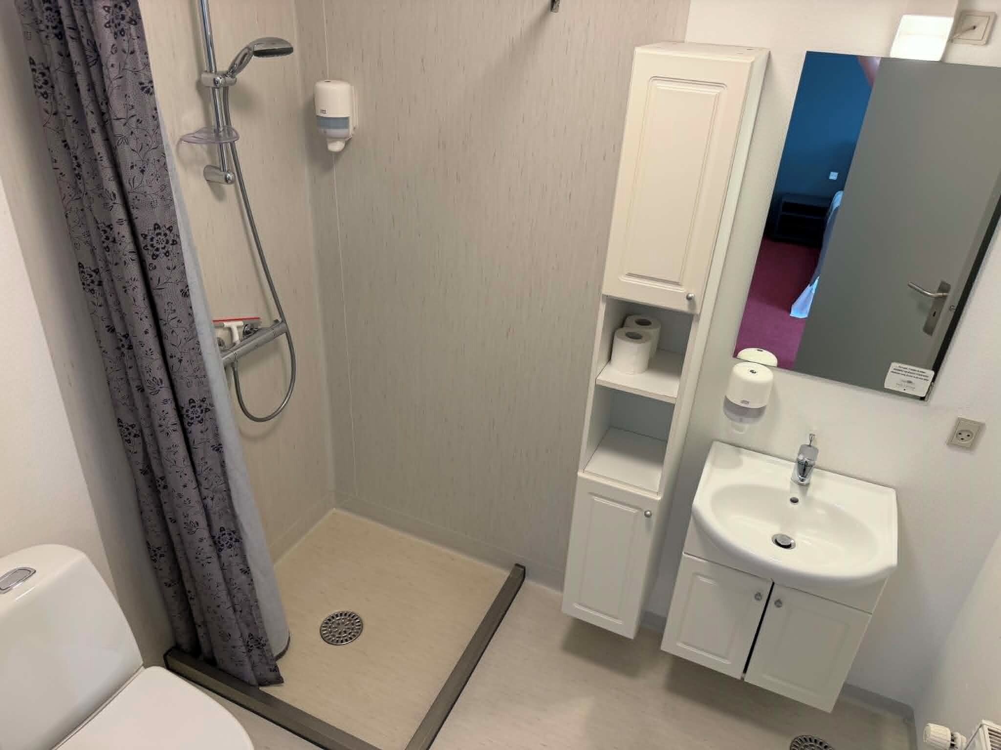 Et lille badeværelse med bruser, toilet, vask og spejl.