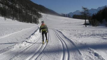 Une personne pratiquant le ski de fond sur une piste enneigée, avec des arbres et des montagnes en arrière-plan.