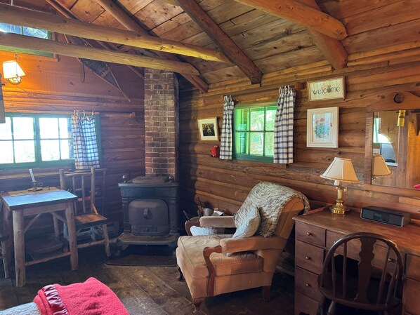 Interior acolhedor de uma cabana, com decoração em madeira, lareira, mesa com abajur e uma cadeira.