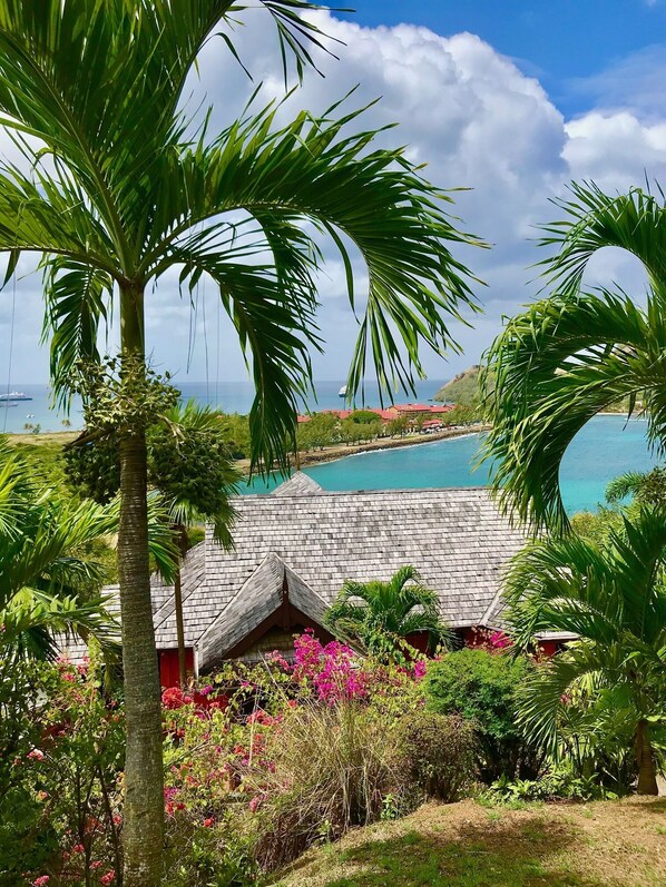 A tropical resort with a pool, palm trees, and a thatched-roof building.