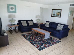 Flat-screen TV, DVD player, books