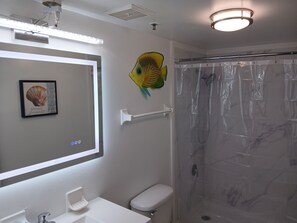 Ducha y bañera combinadas, secador de pelo y toallas
