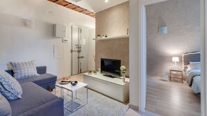 A modern living room with a grey sofa, a flat-screen TV, and a small coffee table. - UFFIZI-PONTE VECCHIO- Extraordinary Location- Wonderful Apartment-elevator (Firenze)