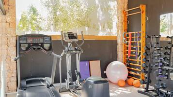 Une salle de sport équipée de tapis de course, d’un vélo d’appartement, d’un banc de musculation et de ballons d’exercice.