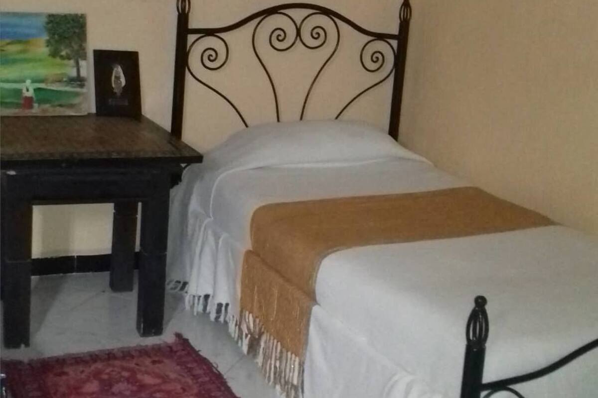 Un lit simple avec un cadre en métal, une table de chevet, un tapis rouge et un tableau accroché au mur.