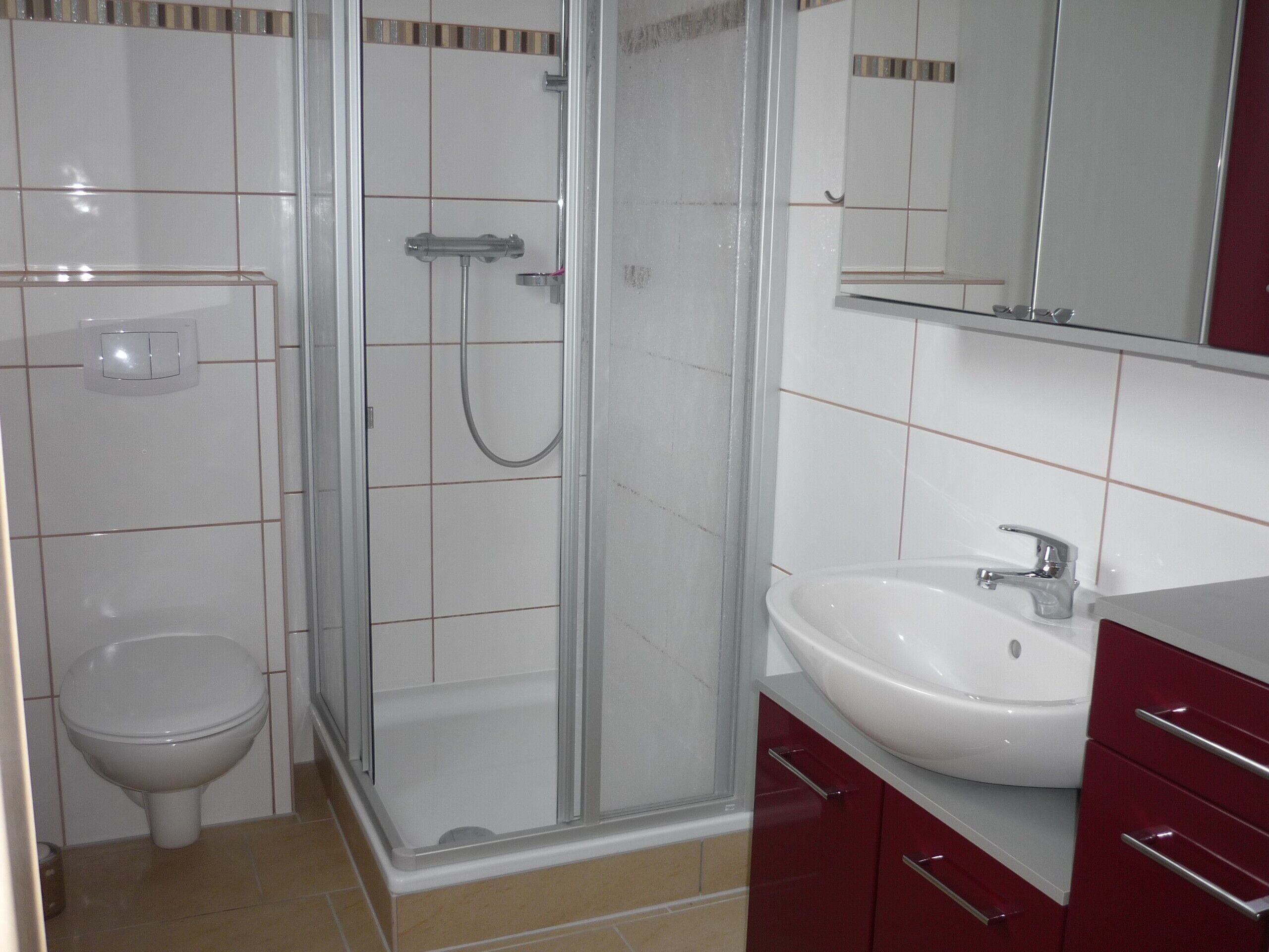 Une salle de bain comprenant des toilettes, un espace douche et un lavabo avec un miroir au-dessus.