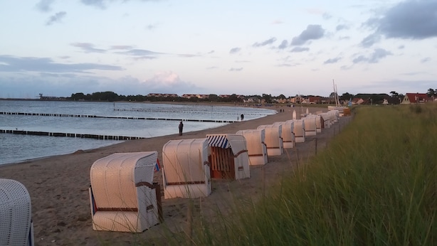 A beach with beach chairs lined up along the shore, a person walking, and a calm sea.