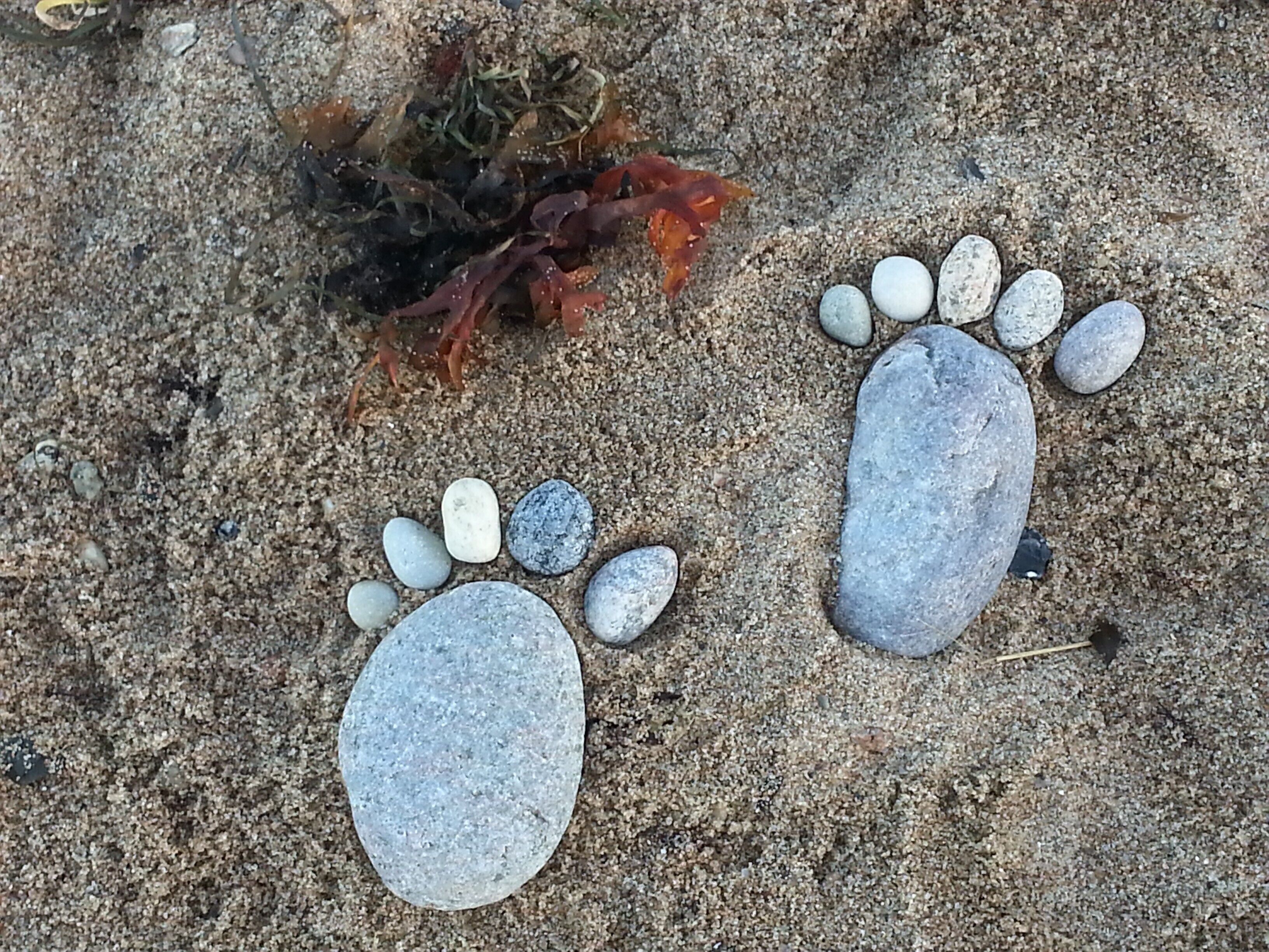 A sandy beach with footprints made of stones and shells.