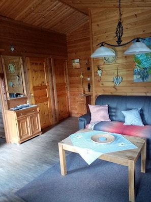 Ein gemütliches Blockhaus-Interieur mit Holzboden, einer Couch mit gemusterten Kissen, einem Holztisch und einer Pendelleuchte.