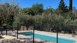 A swimming pool surrounded by a fence, with trees and a tall evergreen in the background.