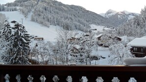 A snowy mountain landscape with a village, including houses and trees covered in snow. - At the base of the slopes, apartment with balcony/terrace, enclosed garage, nearby shops (Beaufort)