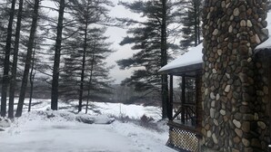 A stone cabin with a snow-covered roof, surrounded by tall pine trees in a snowy landscape. - Waterfront Log Home on Quiet Lake - 25 Minutes -Sunday River Ski (Waterford)