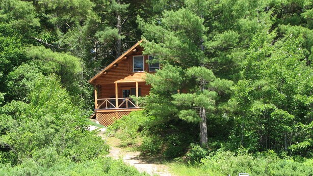 A cabin surrounded by dense forest, accessible by a narrow path. - Waterfront Log Home on Quiet Lake - 25 Minutes -Sunday River Ski (Waterford)