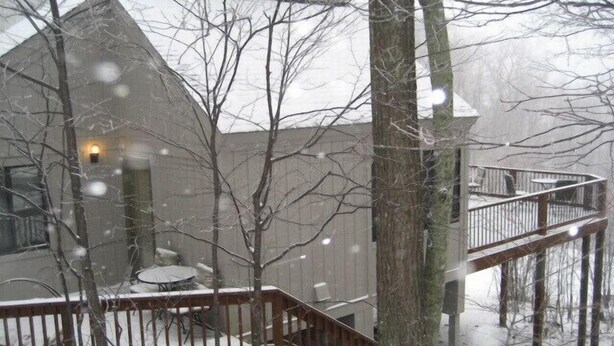 Un muelle cubierto de nieve con una escalera que lleva a un segundo nivel, rodeado de árboles desnudos y un edificio con una lámpara.
