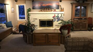 Smart TV, chimenea, reproductor de DVD y libros