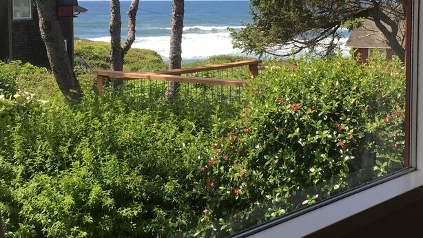 A view of the ocean through a window, with a wooden bench and lush greenery in the foreground.