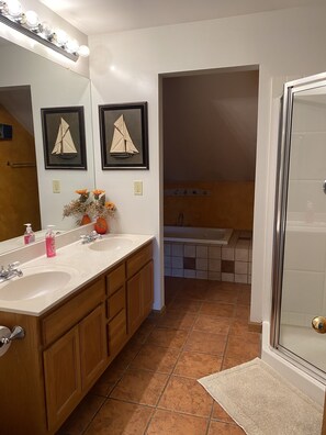 Combined shower/bathtub, jetted bath, hair dryer, soap