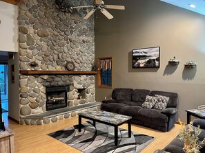 Smart TV, fireplace, DVD player, foosball