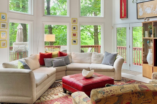 Smart TV, caminetto, libri, stampante