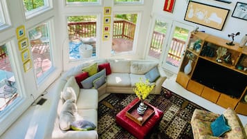 TV connectée, cheminée, livres, imprimantes