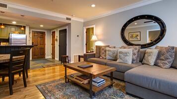 Smart TV, fireplace, DVD player, books