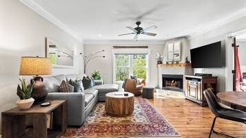 Smart TV, chimenea, reproductor de DVD y libros