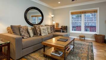 Smart TV, fireplace, DVD player, books