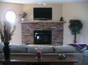 TV, fireplace, DVD player, video library