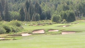 A golf course with sand bunkers and a dense forest in the background. - Luxury and location, King & Queen pillow, fireplace, whirlpool tub (Frisco)