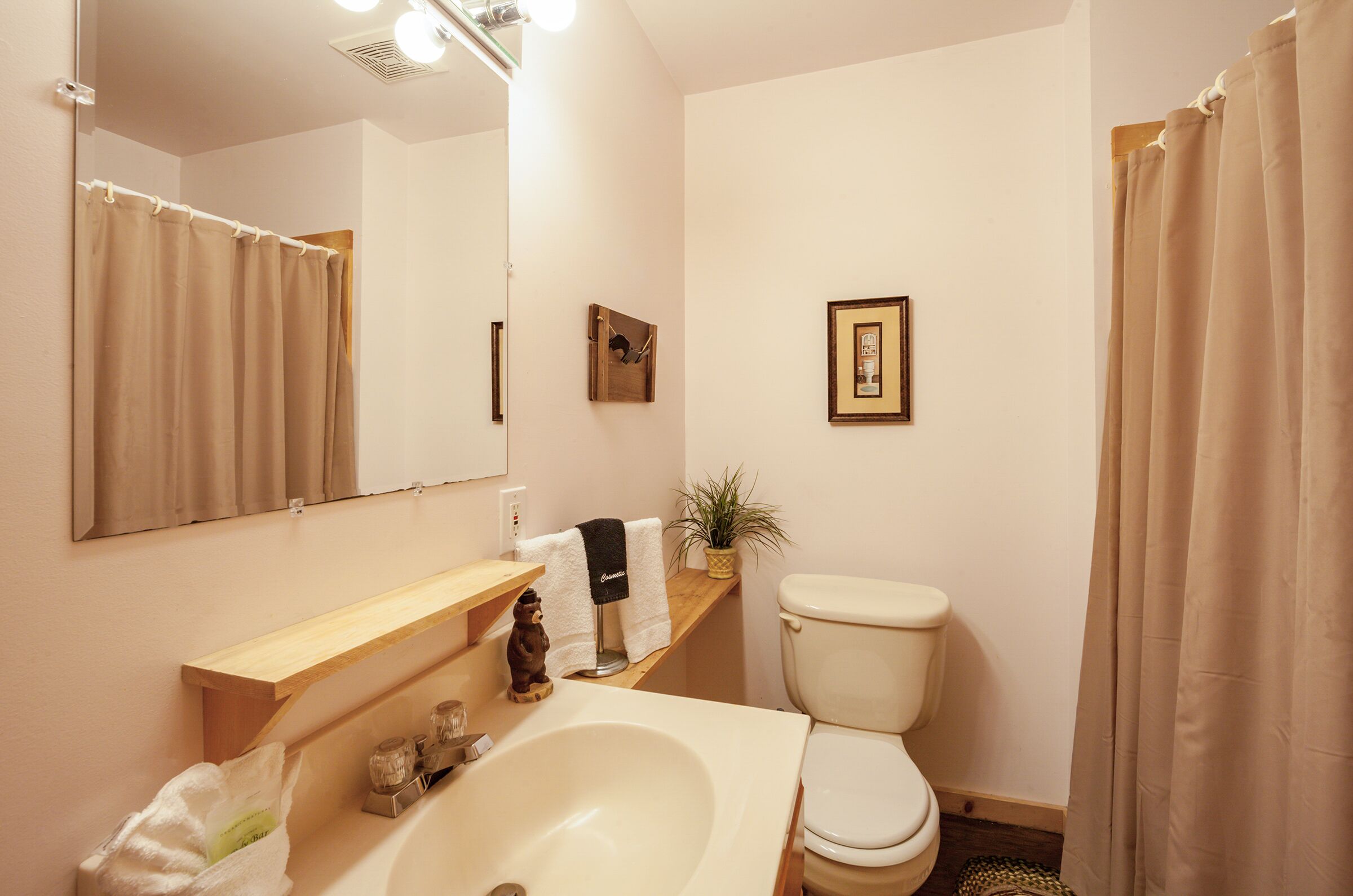 Un bagno con lavandino, WC e tenda per la doccia.