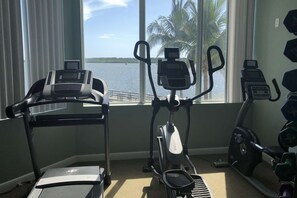 A gym with treadmills, an elliptical, and a stationary bike, with a view of the water and palm trees outside.