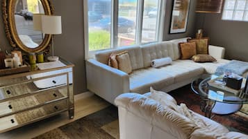 Smart TV, fireplace, books