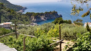 Un paisaje costero con acantilados rocosos, un mar azul cristalino y abundante vegetación.