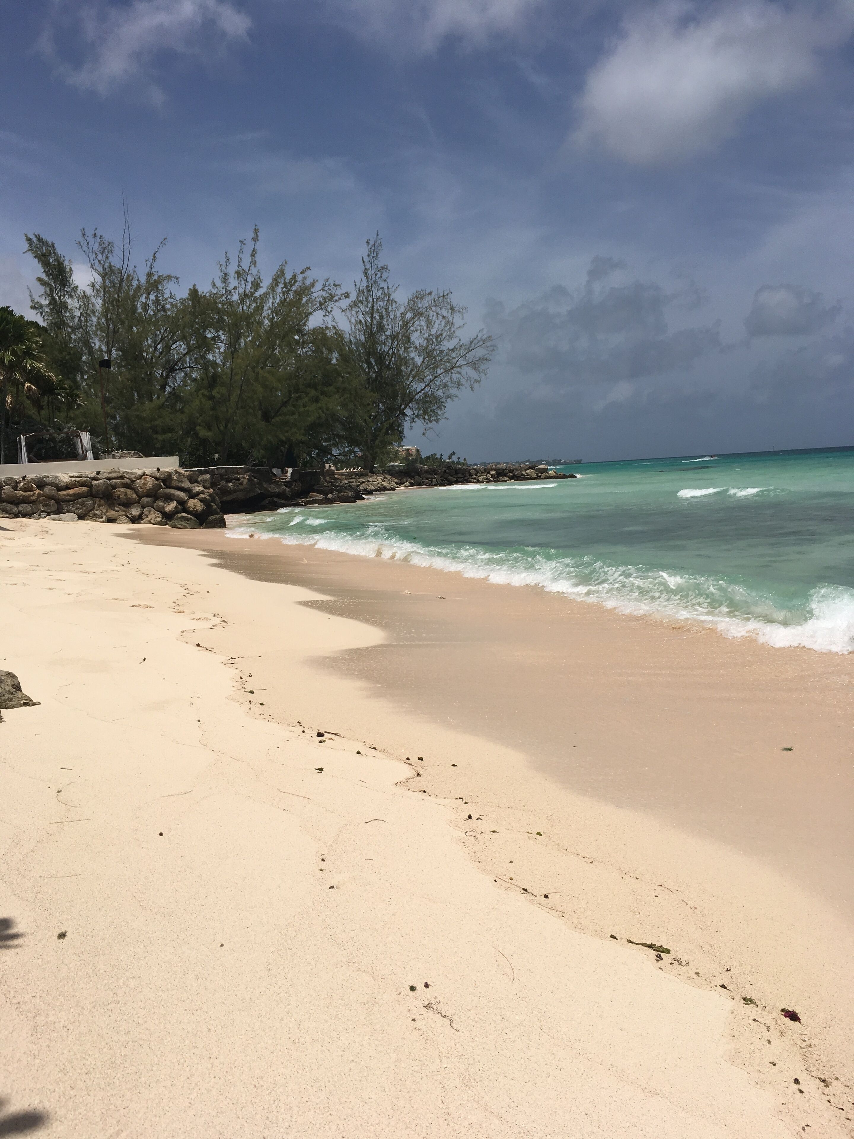 Una playa con agua turquesa cristalina, una orilla arenosa y algunos árboles al fondo.