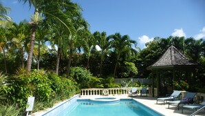 Una piscina azul cristalina rodeada de exuberante vegetación y un pabellón.