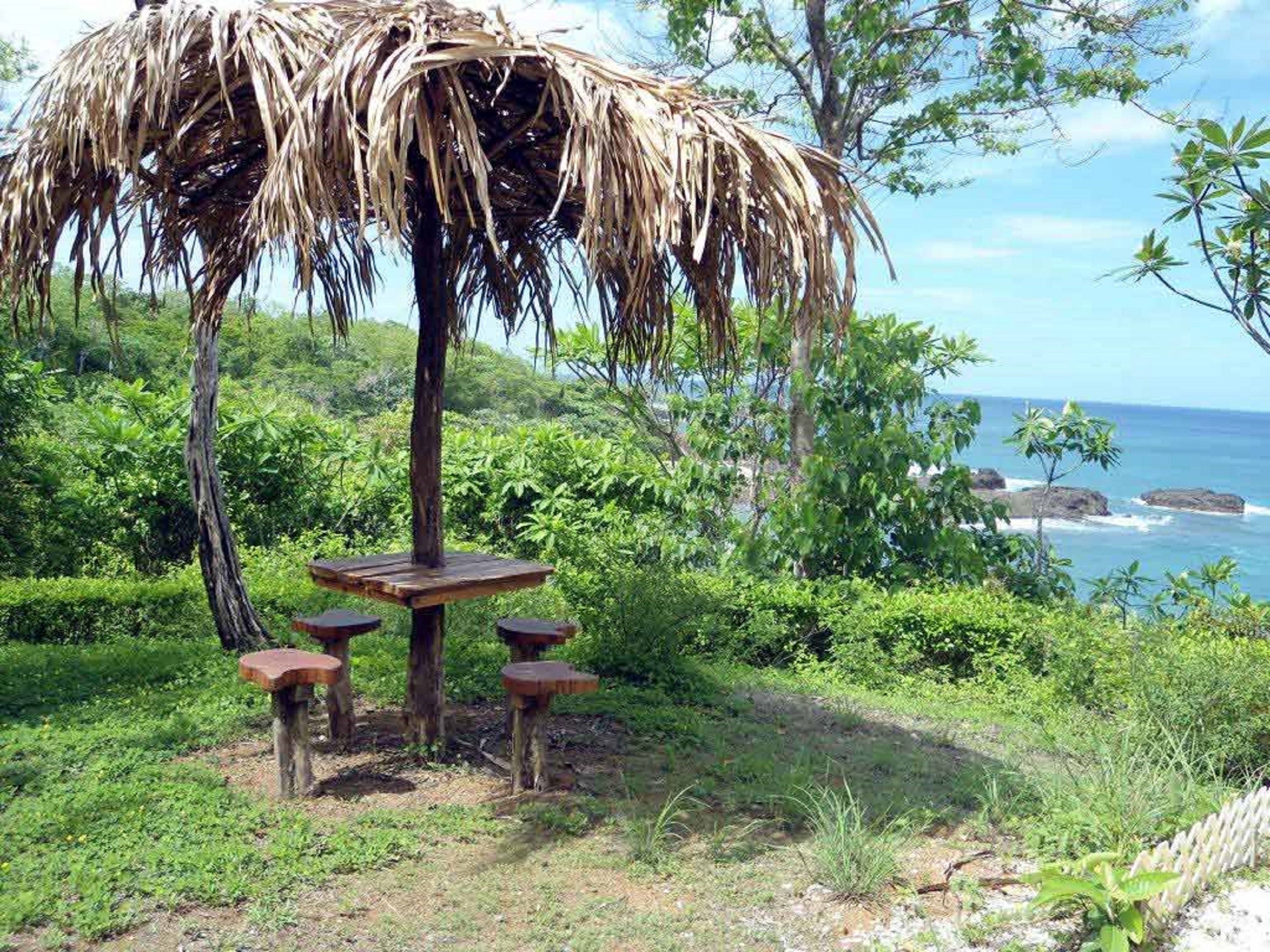 Un espace extérieur aménagé dans un style rustique, avec un toit de chaume, une table et des chaises en bois, entouré d’une végétation luxuriante et offrant une vue sur la côte.