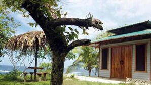 Une maison avec une porte et des fenêtres en bois, entourée de verdure et offrant une vue sur l’océan.
