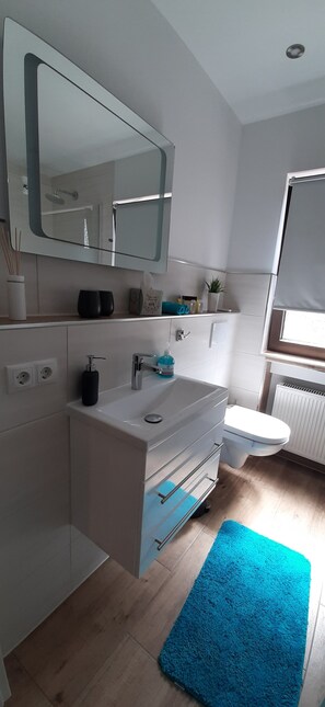 Chuveiro, secador de cabelo, toalhas de banho, sabonete