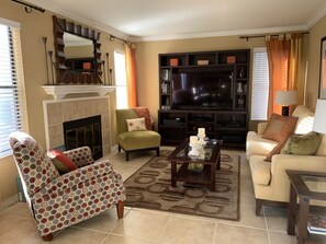 Smart TV, fireplace, DVD player, printers