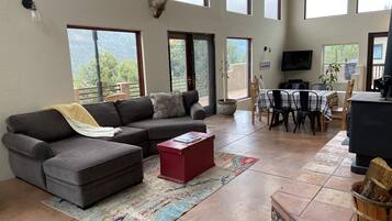 Télévision, cheminée, lecteur de DVD, livres