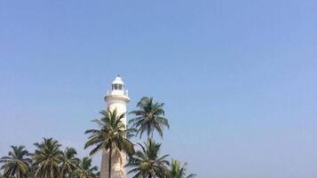 Un faro con un sentiero ben definito che vi conduce, circondato da palme e una spiaggia.