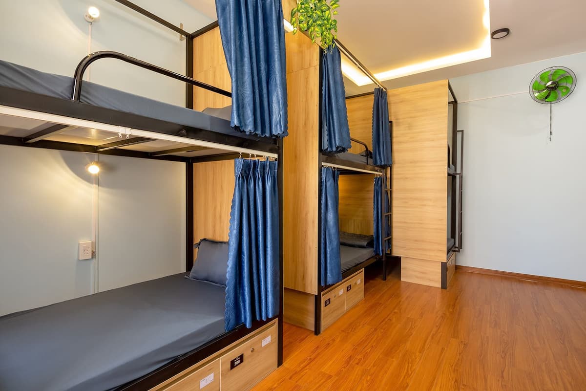 A bunk bed room with wooden flooring, a ceiling fan, and a small plant.