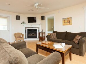 Smart TV, chimenea, reproductor de DVD y libros 