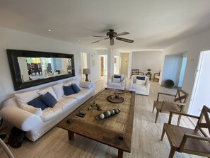 Smart-TV, DVD-spiller, bøker og stereoanlegg